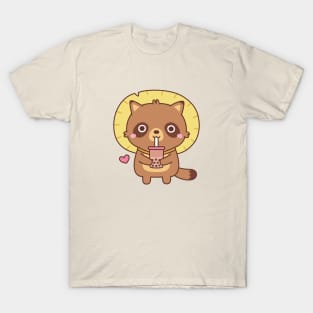 Cute Tanuki With Straw Hat Loves Bubble Tea T-Shirt